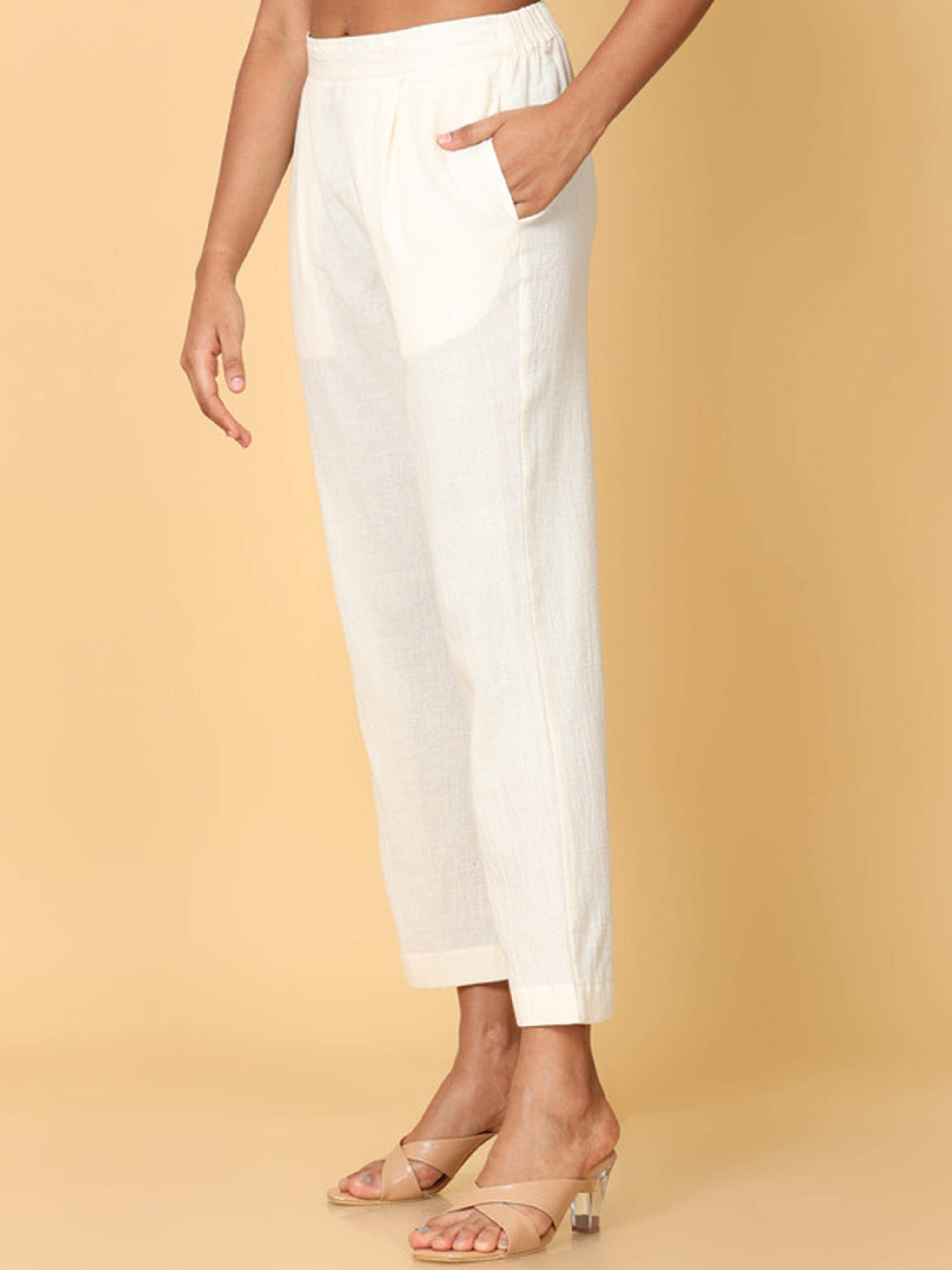 Hassu's Women Off White Cotton Solid Ankle Length Pyjama