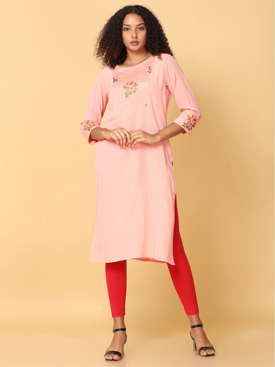 Hassu's Women Peach 3/4Th Sleeves Rayon Floral Embroidery Regular Calf Length Boat Neck Kurta