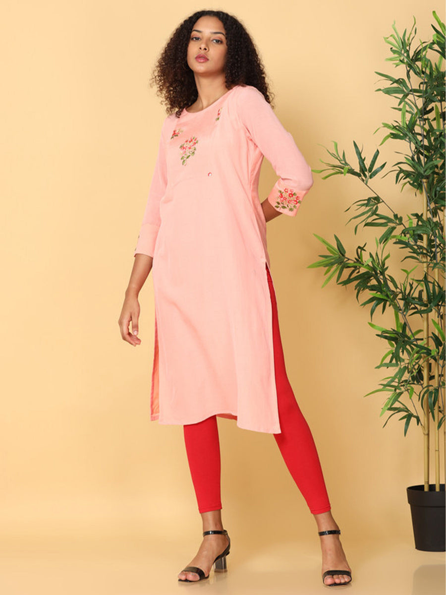 Hassu's Women Peach 3/4Th Sleeves Rayon Floral Embroidery Regular Calf Length Boat Neck Kurta