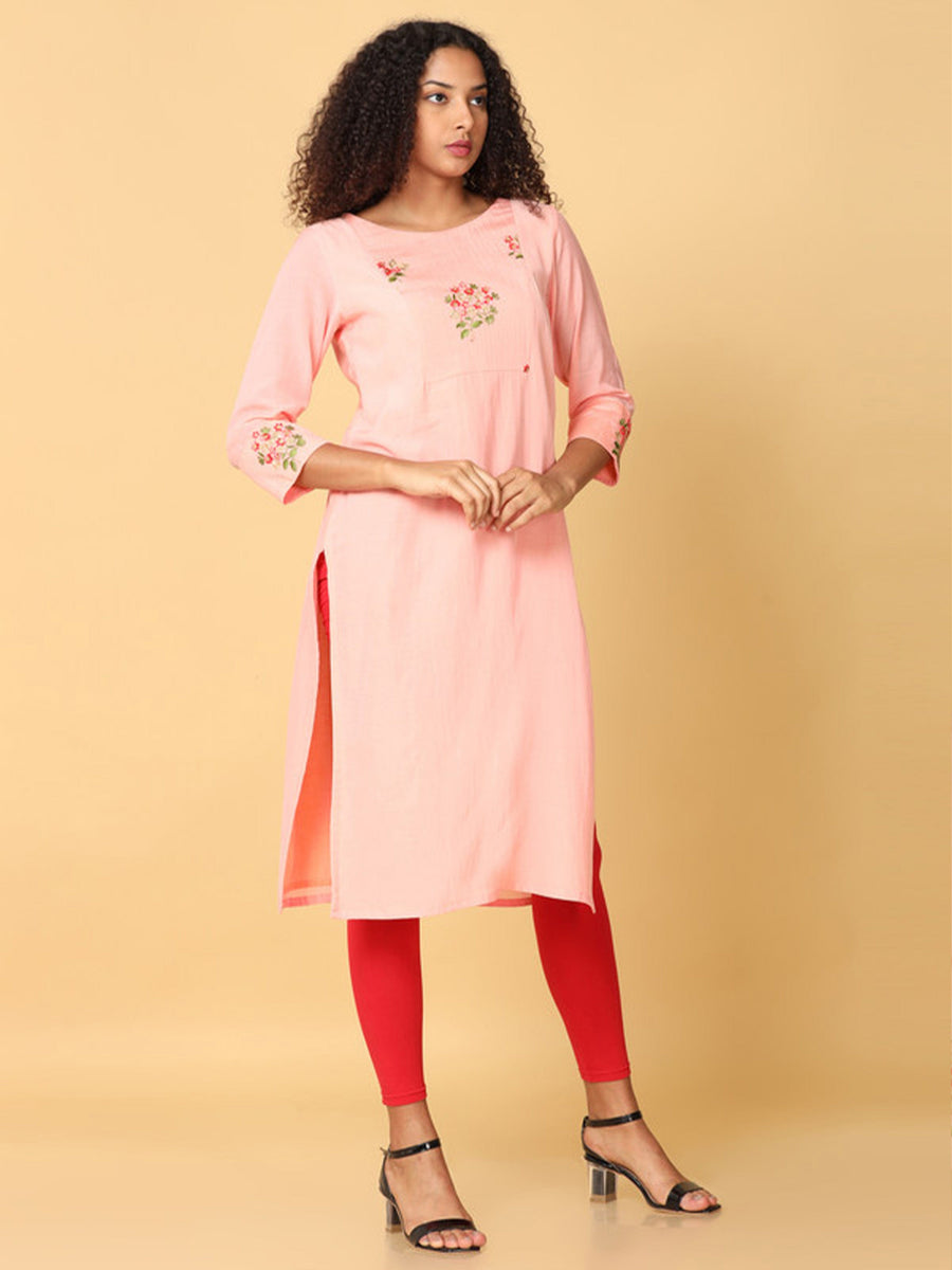 Hassu's Women Peach 3/4Th Sleeves Rayon Floral Embroidery Regular Calf Length Boat Neck Kurta