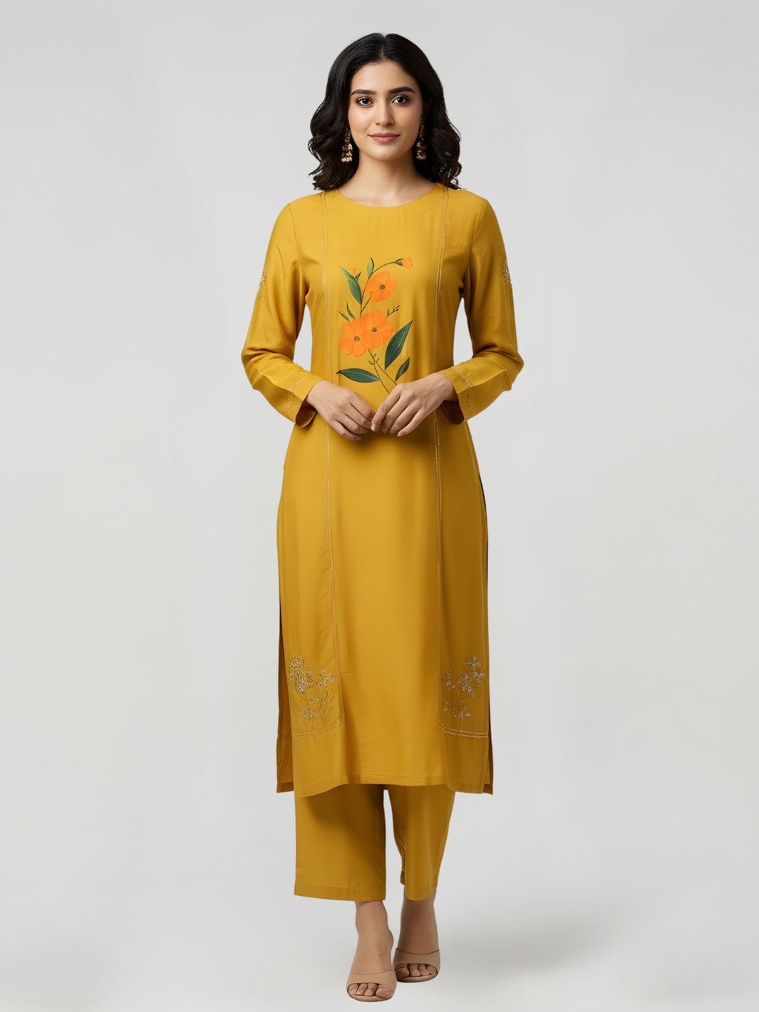Mustard Yellow Full Sleeves Cotton Silk Gold Thread Work Calf Length Kurta Set - With Dupatta