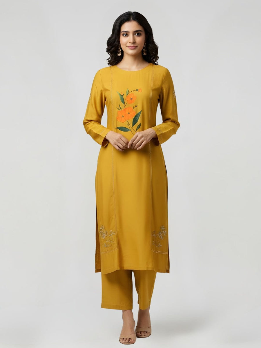 Mustard Yellow Full Sleeves Cotton Silk Gold Thread Work Calf Length Kurta Set - With Dupatta