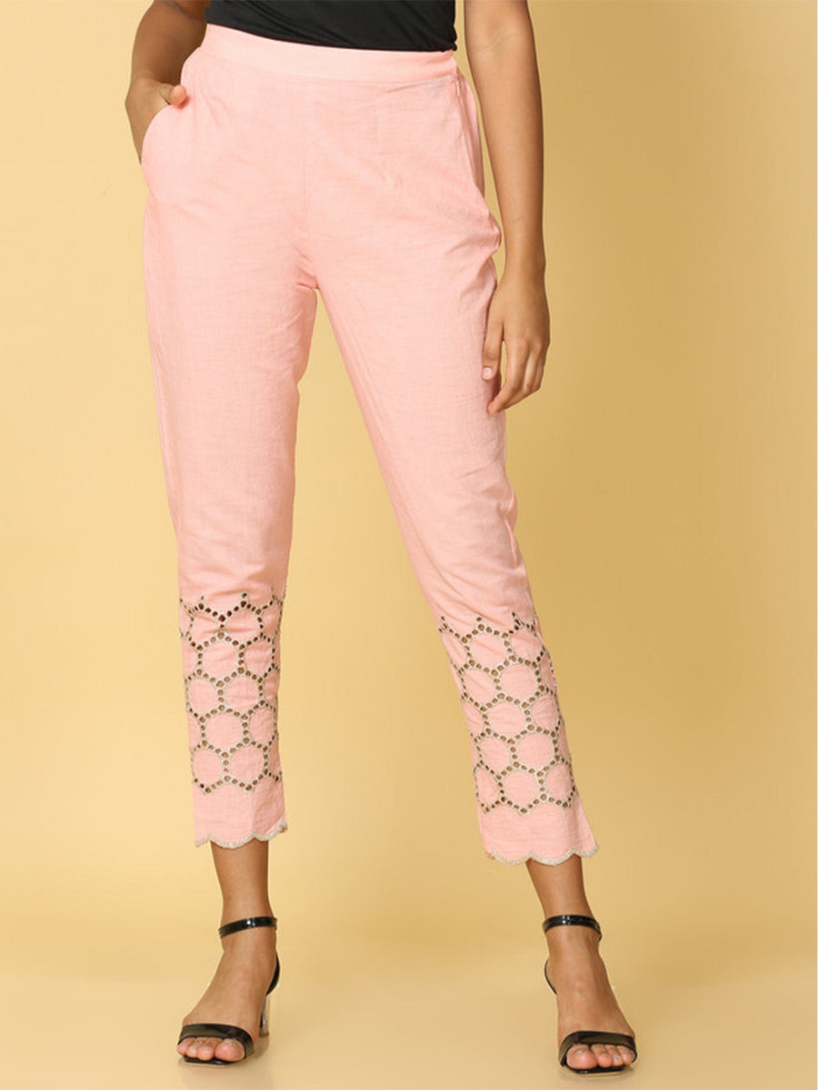 Hassu's Women Peach Cotton Solid Ankle Length pant