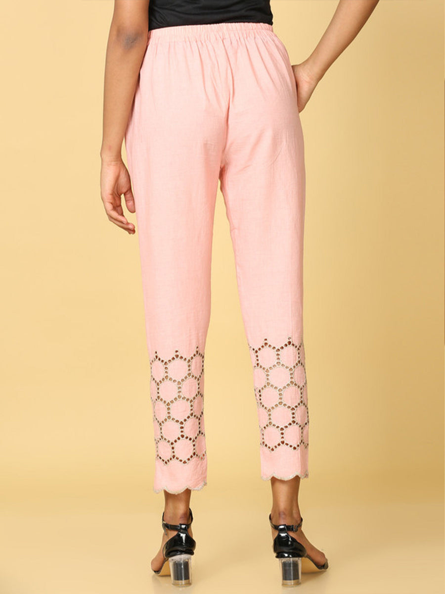 Hassu's Women Peach Cotton Solid Ankle Length pant