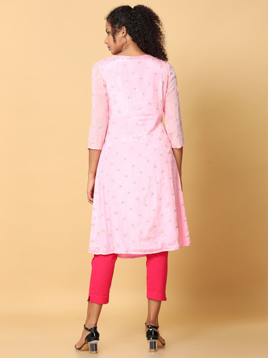 Hassu's Women Pink 3/4Th Sleeves Chiffon Embroidery ALine Calf Length Square Neck Kurta