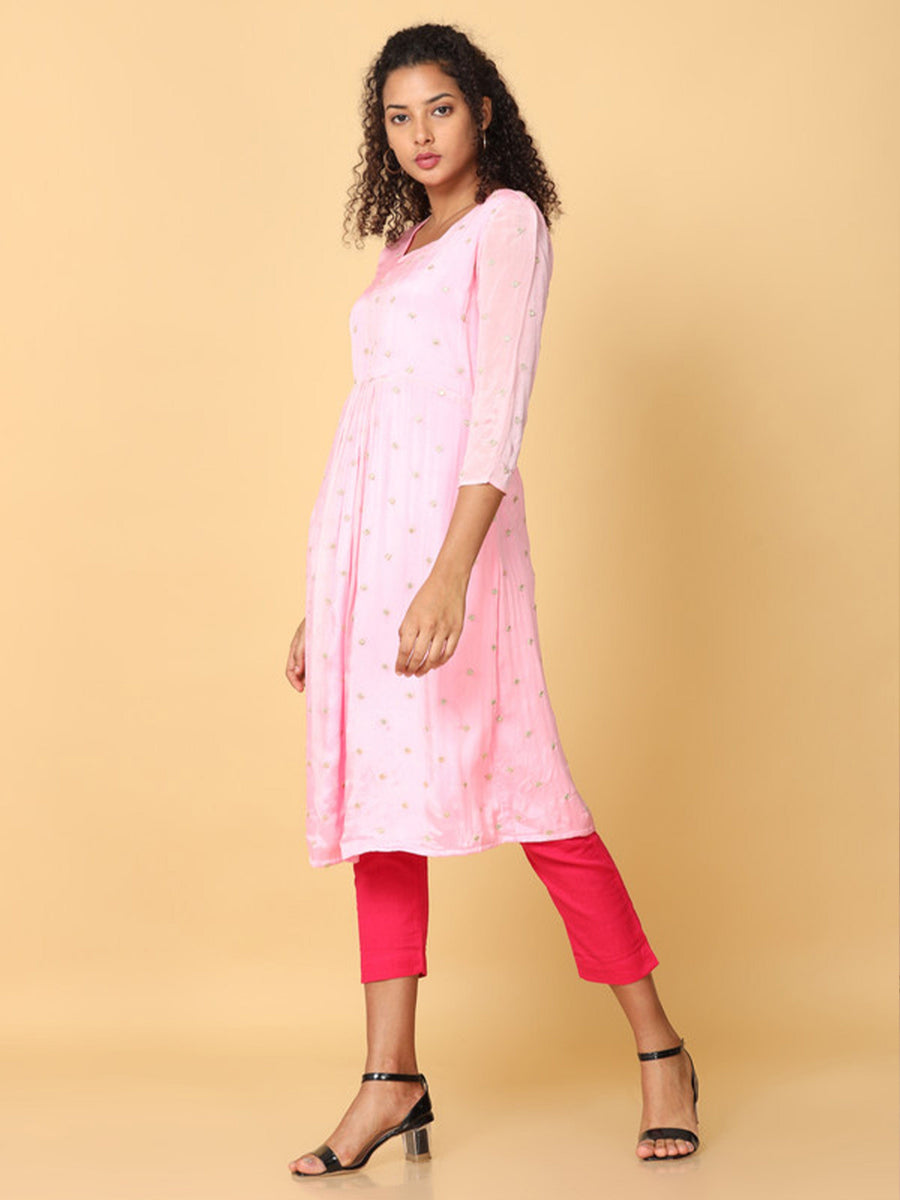 Hassu's Women Pink 3/4Th Sleeves Chiffon Embroidery ALine Calf Length Square Neck Kurta