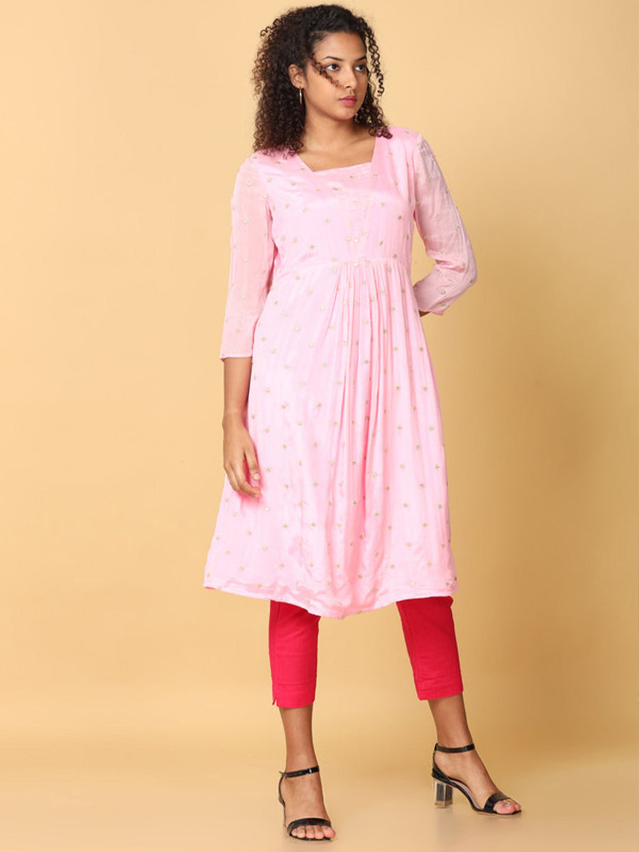 Hassu's Women Pink 3/4Th Sleeves Chiffon Embroidery ALine Calf Length Square Neck Kurta