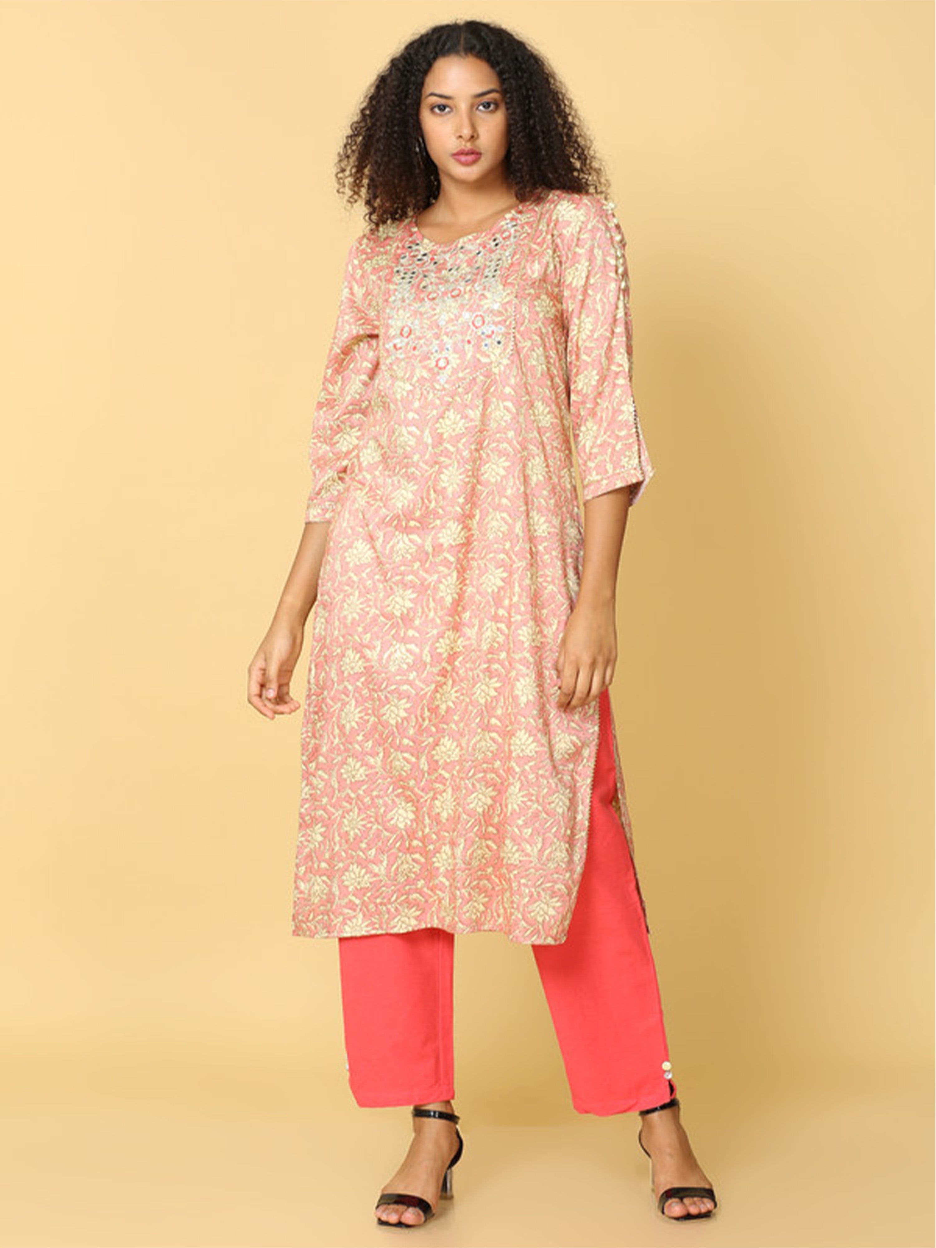 Hassu's Women Pink 3/4th Sleeves Cotton Floral Print Regular Calf Length Jewel Neck Kurta Set -With Dupatta