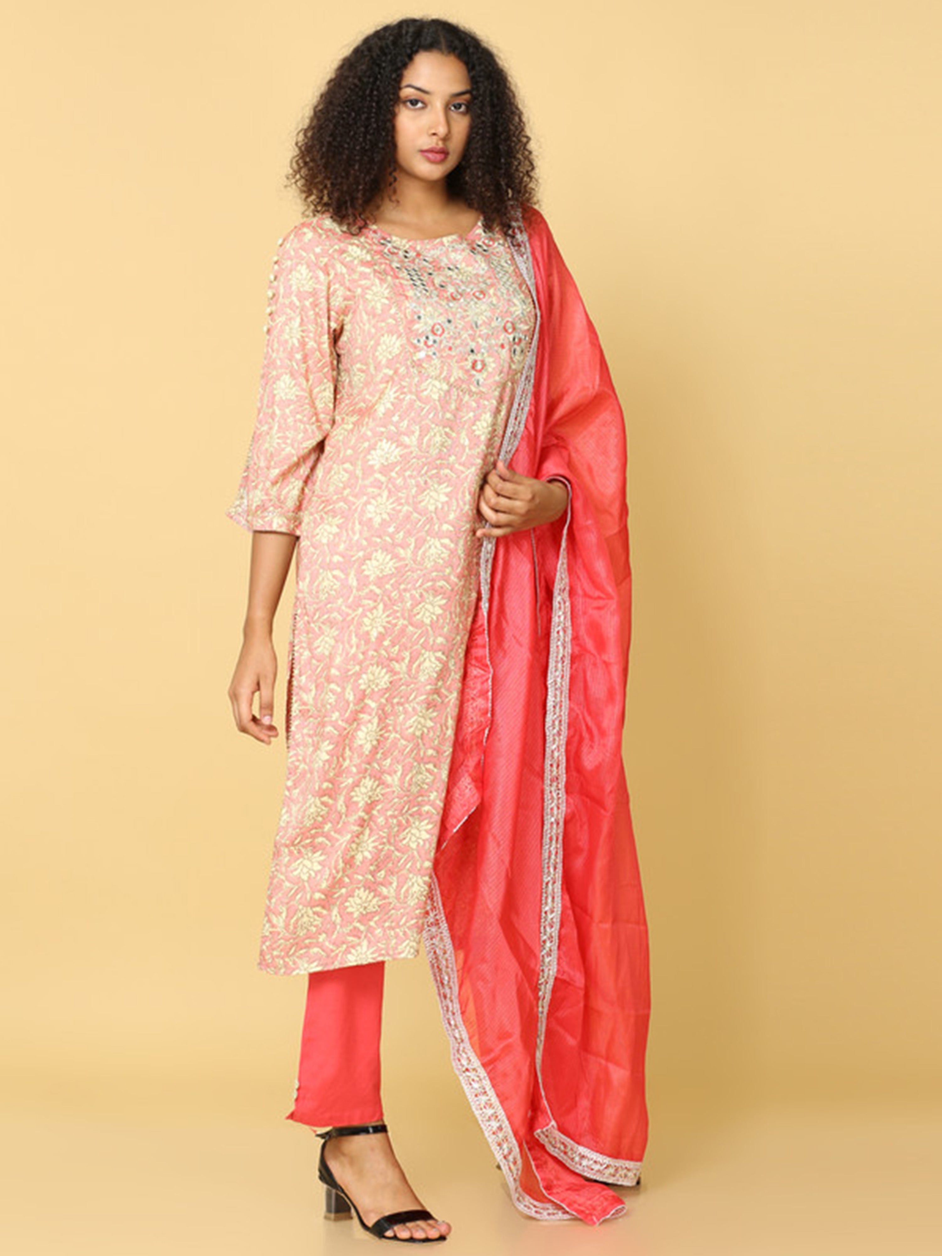 Hassu's Women Pink 3/4th Sleeves Cotton Floral Print Regular Calf Length Jewel Neck Kurta Set -With Dupatta