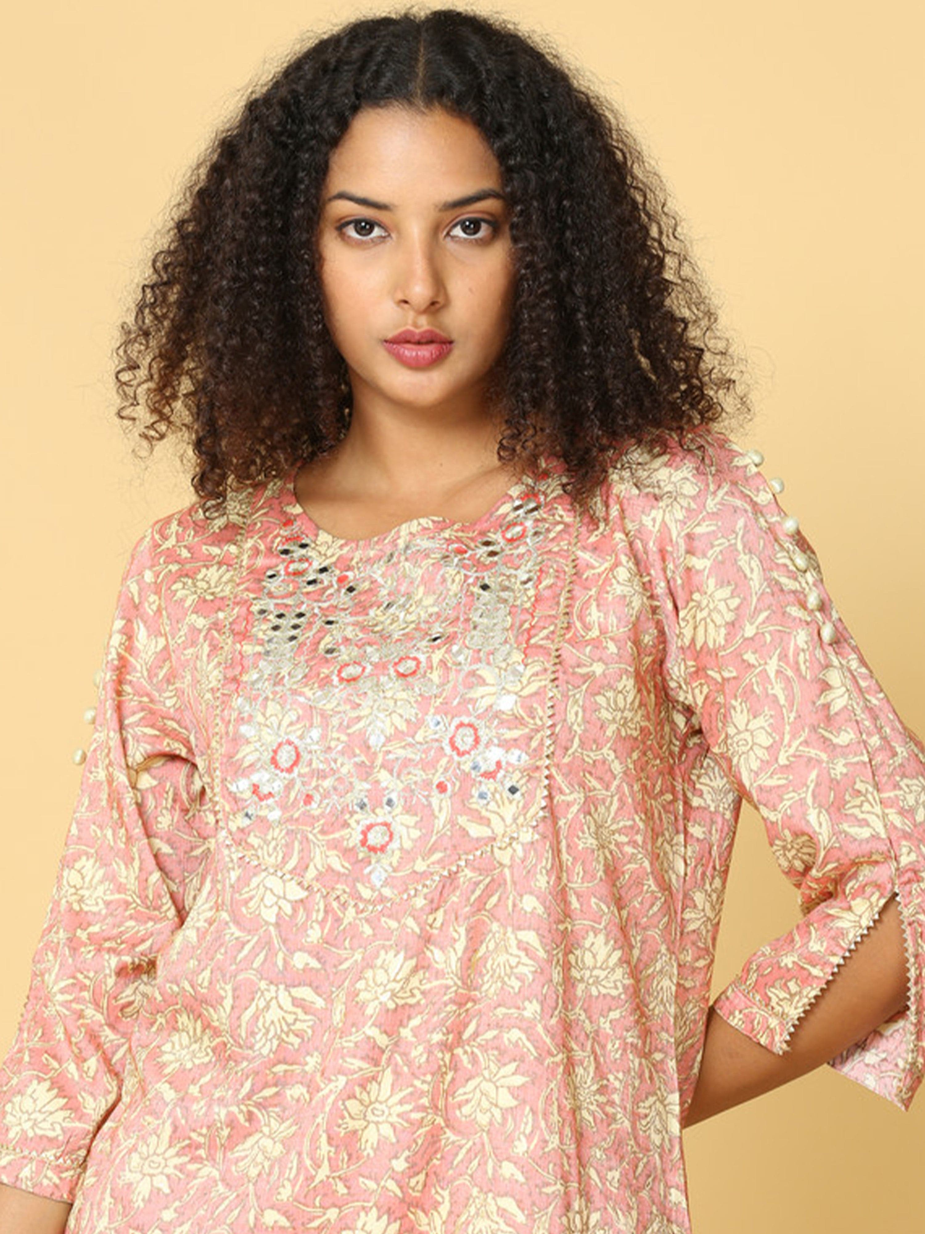 Hassu's Women Pink 3/4th Sleeves Cotton Floral Print Regular Calf Length Jewel Neck Kurta Set -With Dupatta