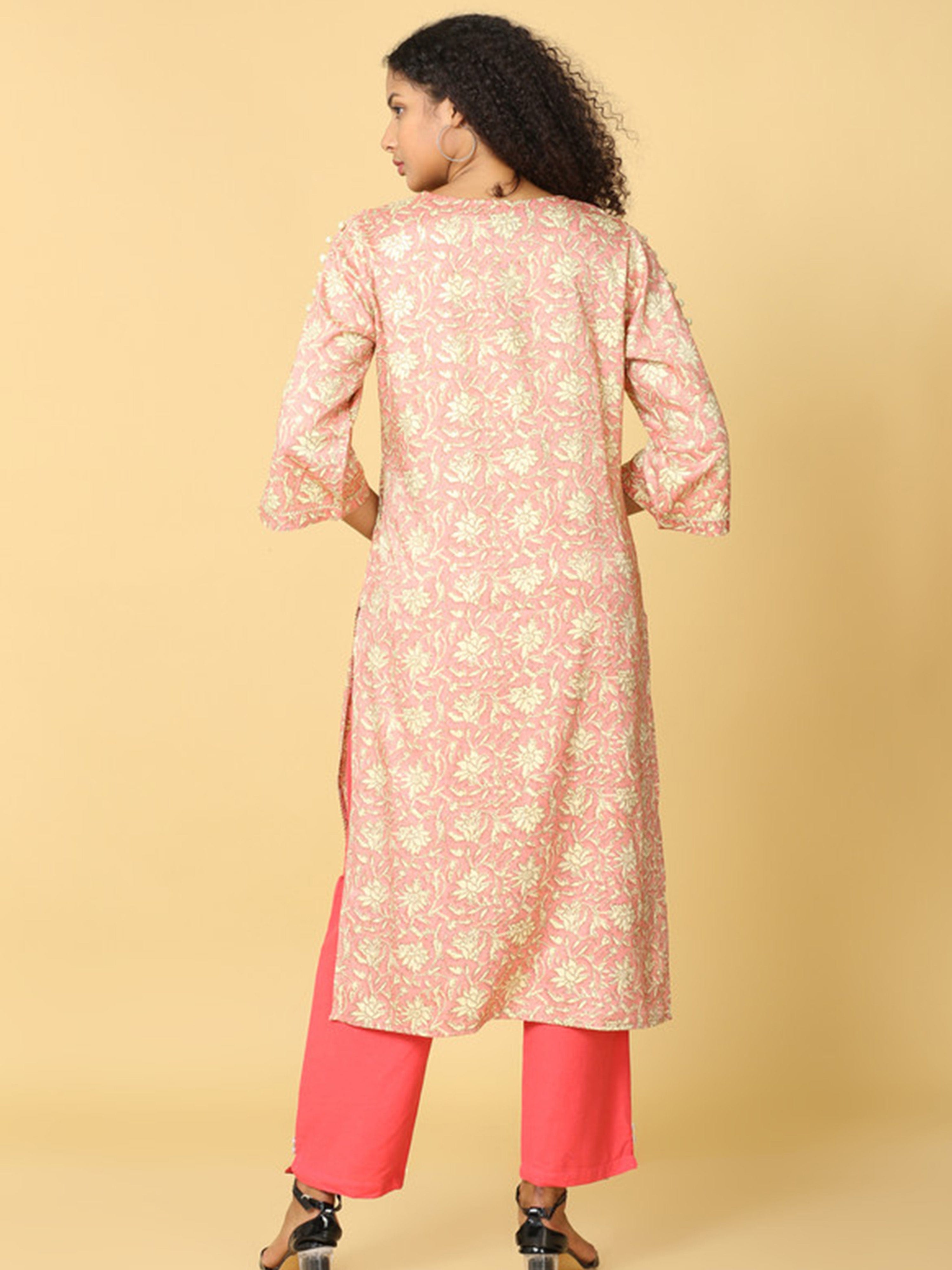 Hassu's Women Pink 3/4th Sleeves Cotton Floral Print Regular Calf Length Jewel Neck Kurta Set -With Dupatta