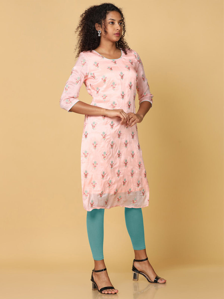 Hassu's Women Pink 3/4Th Sleeves Crepe Floral Embroidery Regular Calf Length Jewel Neck Kurta