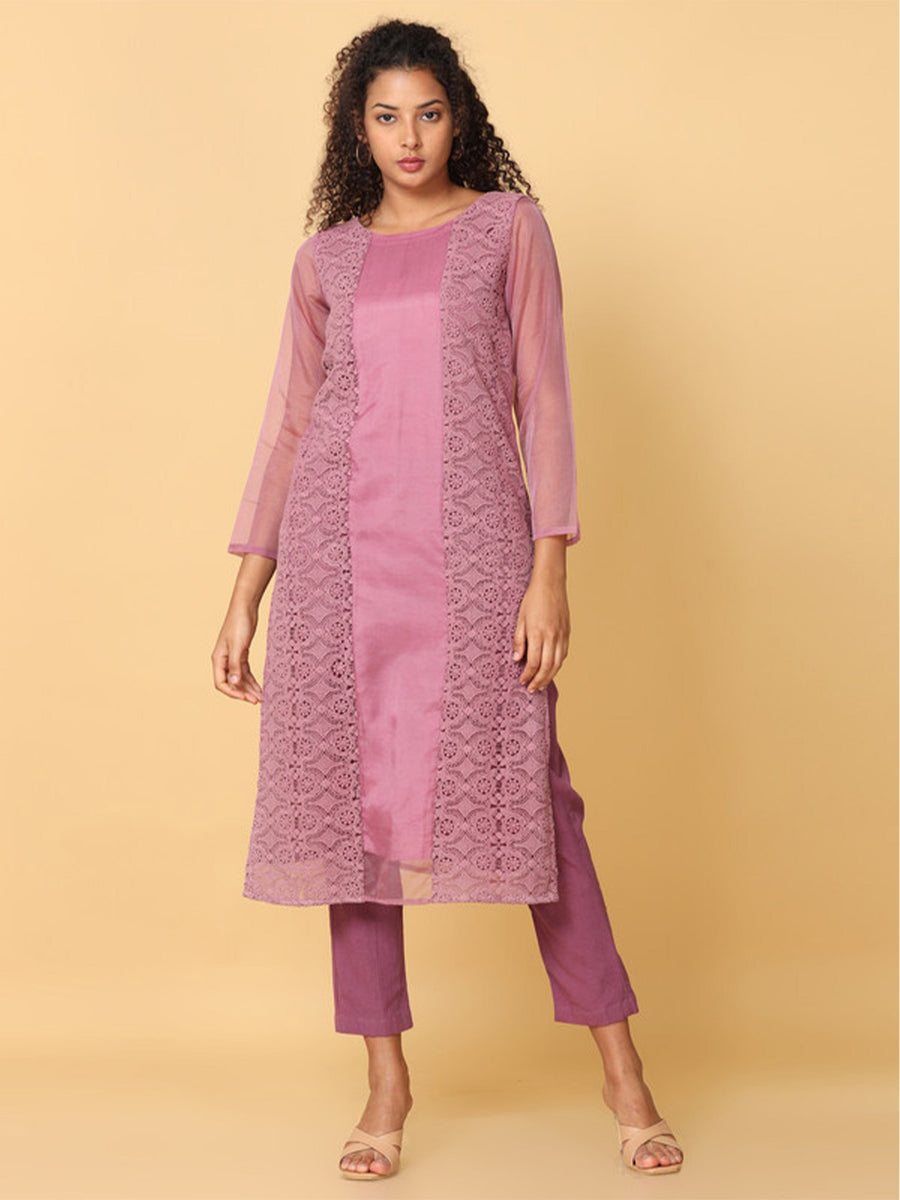 Pink 3/4th Sleeves Organza Solid Regular Calf Length Boat Neck Kurta Set -Without Dupatta