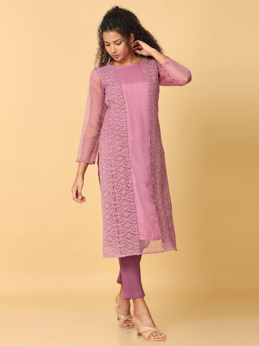 Pink 3/4th Sleeves Organza Solid Regular Calf Length Boat Neck Kurta Set -Without Dupatta