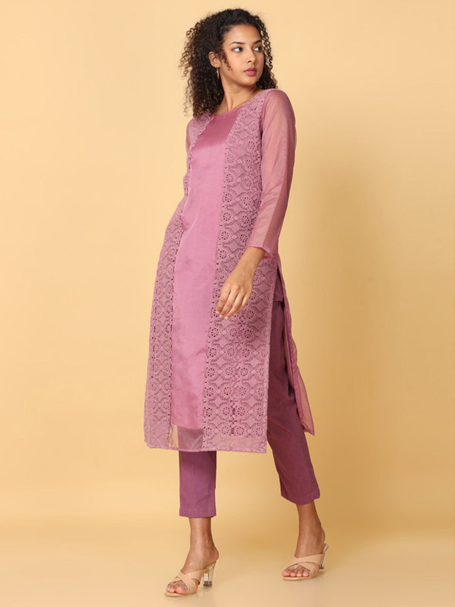 Pink 3/4th Sleeves Organza Solid Regular Calf Length Boat Neck Kurta Set -Without Dupatta