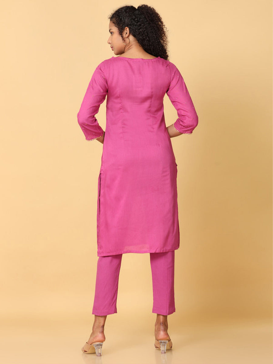 Pink 3/4th Sleeves Rayon Floral Embroidery Regular Calf Length Boat Neck Kurta Set -Without Dupatta