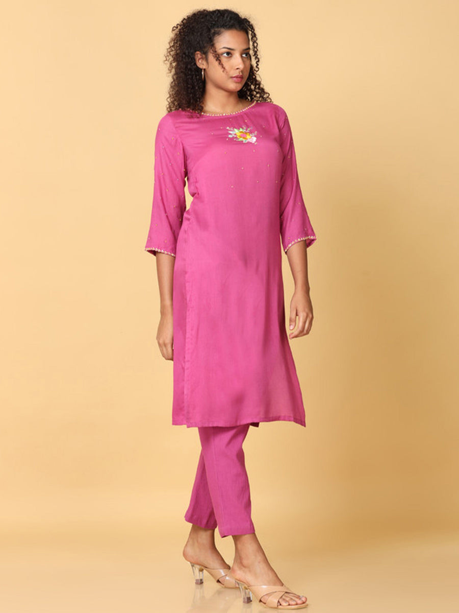 Pink 3/4th Sleeves Rayon Floral Embroidery Regular Calf Length Boat Neck Kurta Set -Without Dupatta