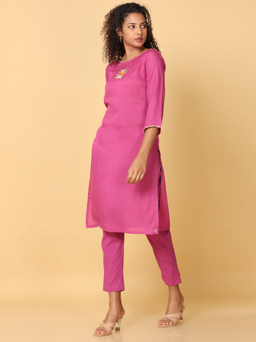 Pink 3/4th Sleeves Rayon Floral Embroidery Regular Calf Length Boat Neck Kurta Set -Without Dupatta