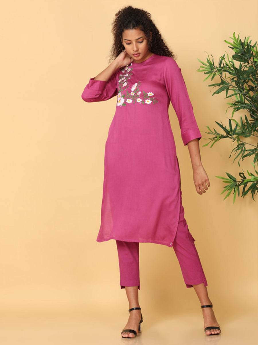 Hassu's Women Pink 3/4th Sleeves Rayon Floral Embroidery Regular Calf Length Crew Neck Kurta Set -Without Dupatta