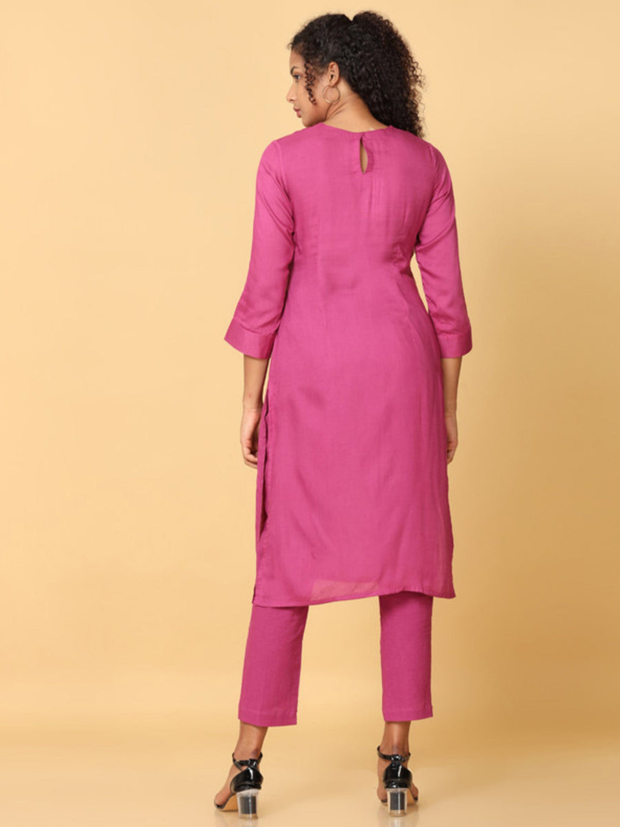 Hassu's Women Pink 3/4th Sleeves Rayon Floral Embroidery Regular Calf Length Crew Neck Kurta Set -Without Dupatta