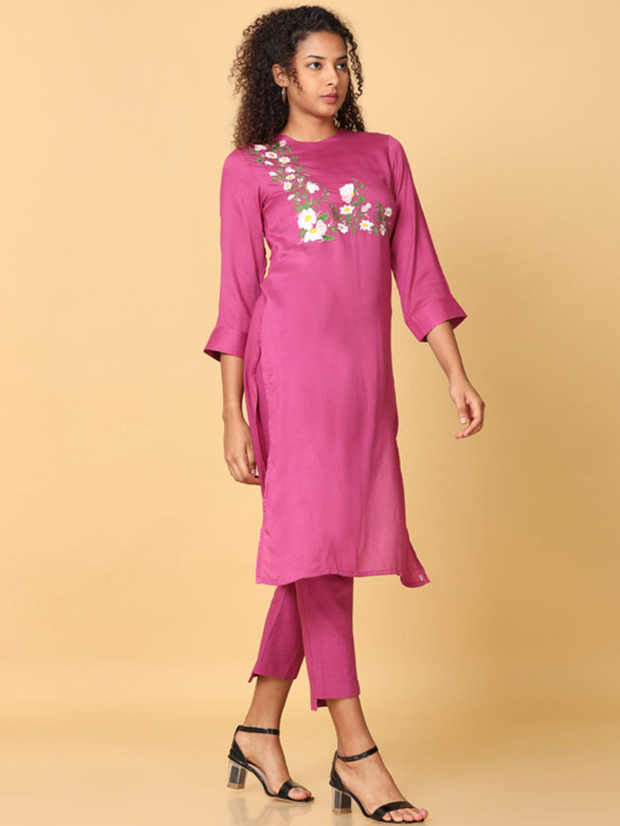 Hassu's Women Pink 3/4th Sleeves Rayon Floral Embroidery Regular Calf Length Crew Neck Kurta Set -Without Dupatta