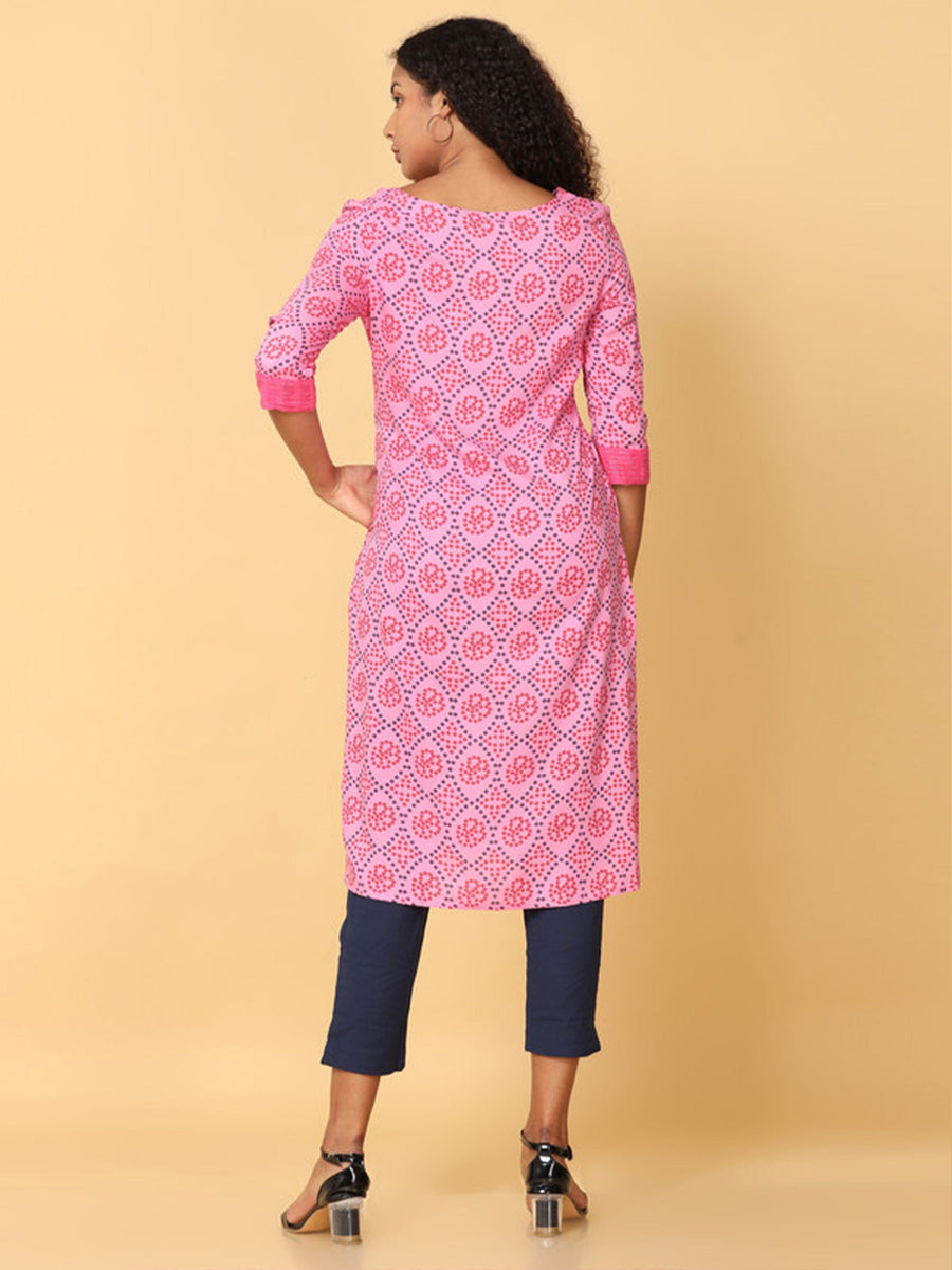 Hassu's Women Pink 3/4Th Sleeves Rayon Geometric Regular Knee Length Jewel Neck Kurta