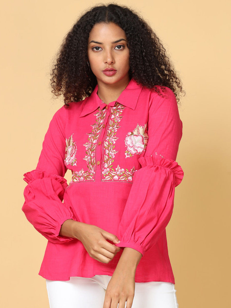 Hassu's Women Pink Ruffle Sleeves Cotton Floral Embroidery Retro Short Length Point Collar shirt