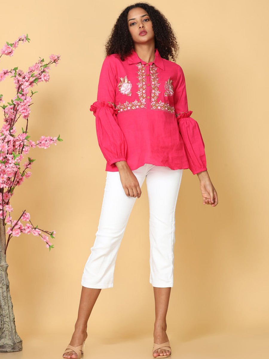 Hassu's Women Pink Ruffle Sleeves Cotton Floral Embroidery Retro Short Length Point Collar shirt