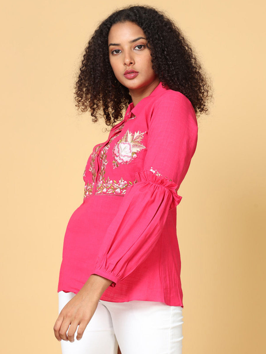 Hassu's Women Pink Ruffle Sleeves Cotton Floral Embroidery Retro Short Length Point Collar shirt