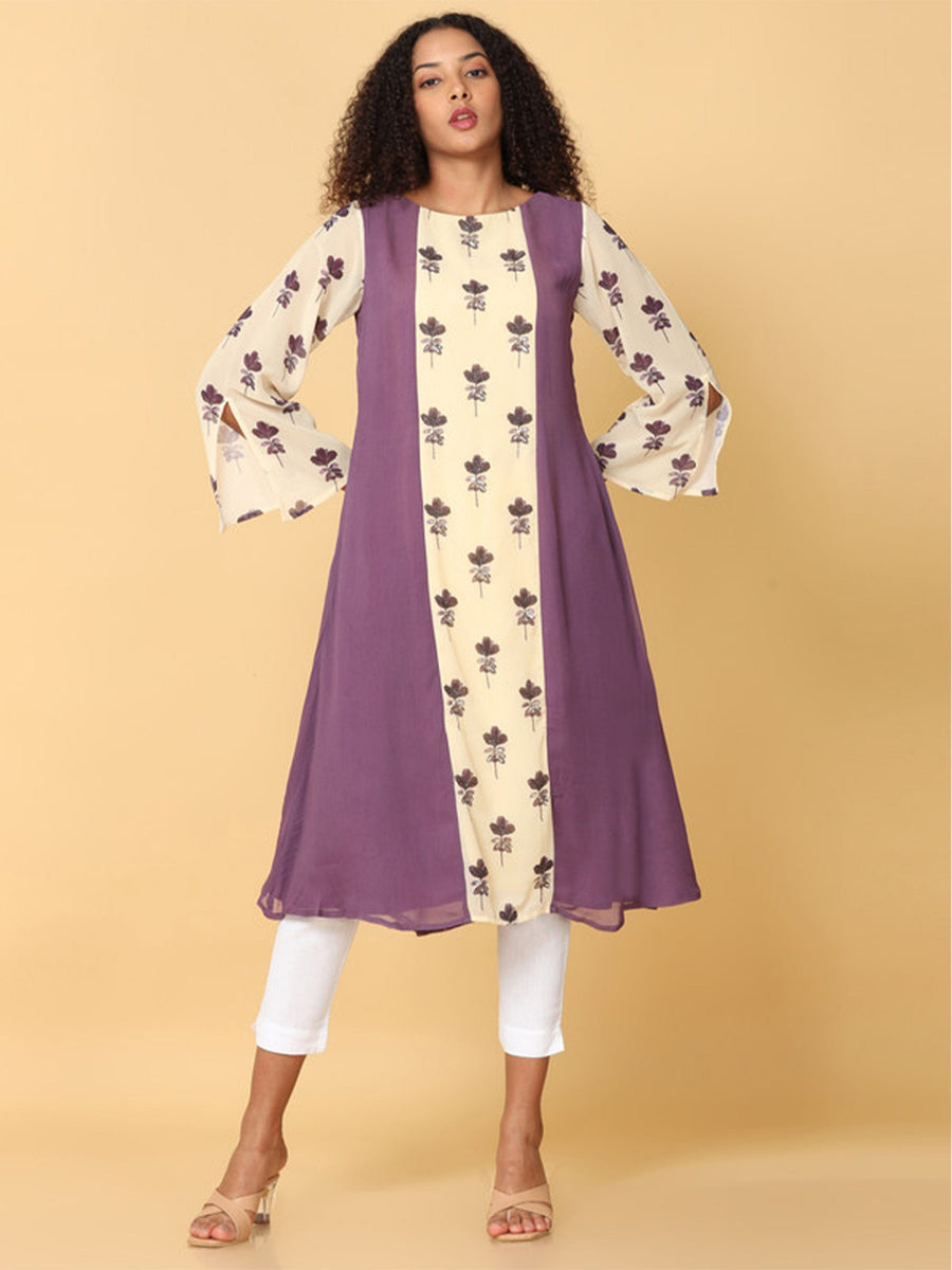 Hassu's Women Purple 3/4Th Sleeves Georgette Floral Embellished ALine Calf Length Boat Neck Kurta