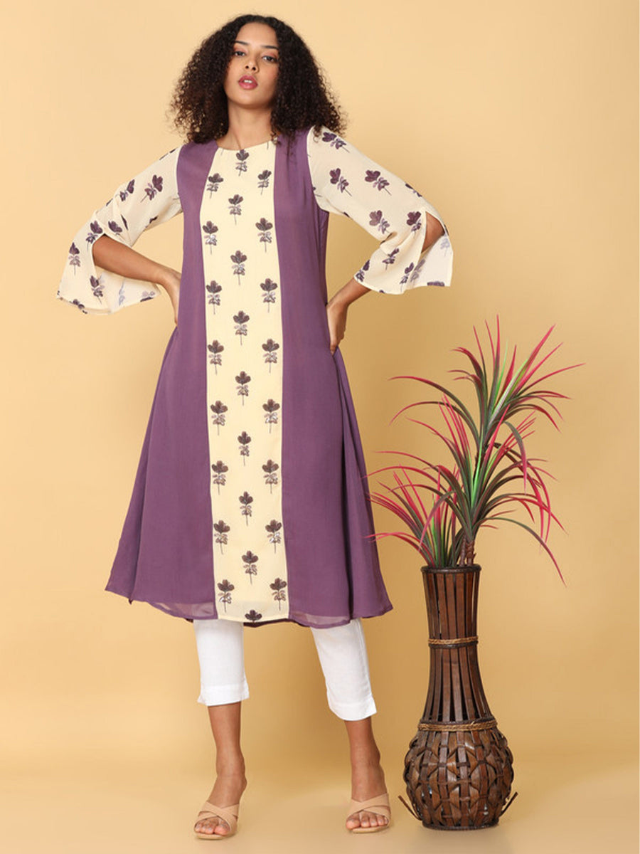 Hassu's Women Purple 3/4Th Sleeves Georgette Floral Embellished ALine Calf Length Boat Neck Kurta