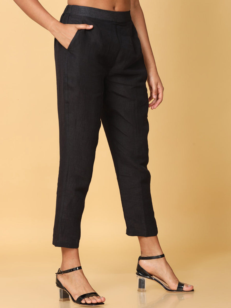 Hassu's Women Black Cotton Solid Ankle Length pant