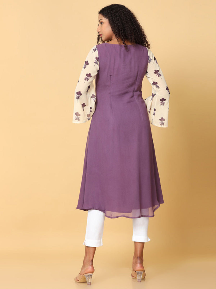 Hassu's Women Purple 3/4Th Sleeves Georgette Floral Embellished ALine Calf Length Boat Neck Kurta