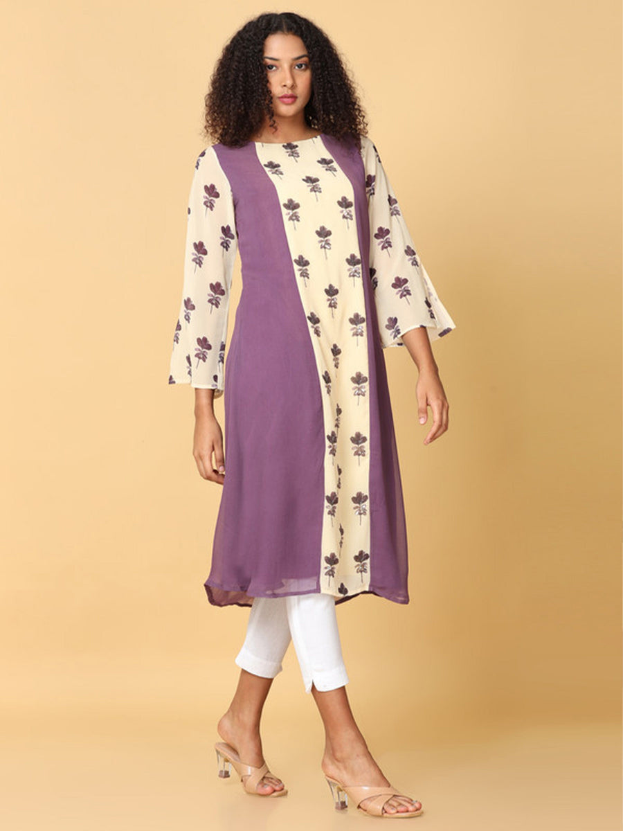 Hassu's Women Purple 3/4Th Sleeves Georgette Floral Embellished ALine Calf Length Boat Neck Kurta