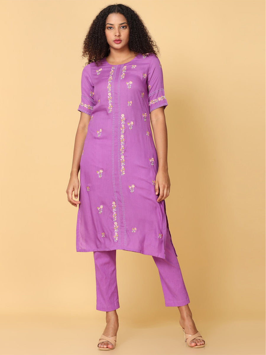 Hassu's Women Purple Elbow Sleeves Rayon Floral Embroidery Regular Calf Length Jewel Neck Kurta Set -Without Dupatta