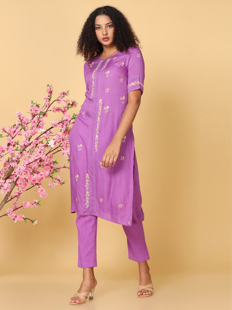 Hassu's Women Purple Elbow Sleeves Rayon Floral Embroidery Regular Calf Length Jewel Neck Kurta Set -Without Dupatta