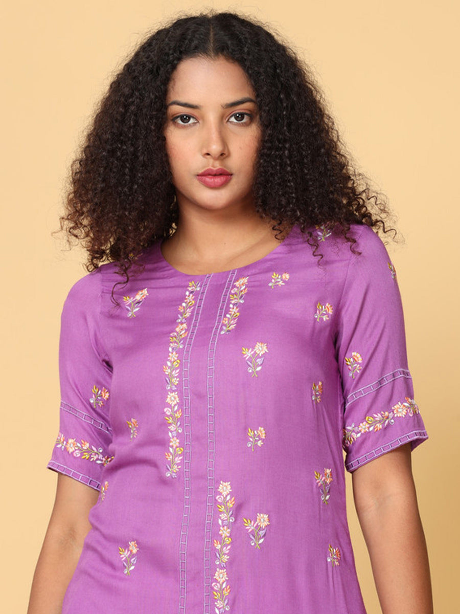 Hassu's Women Purple Elbow Sleeves Rayon Floral Embroidery Regular Calf Length Jewel Neck Kurta Set -Without Dupatta