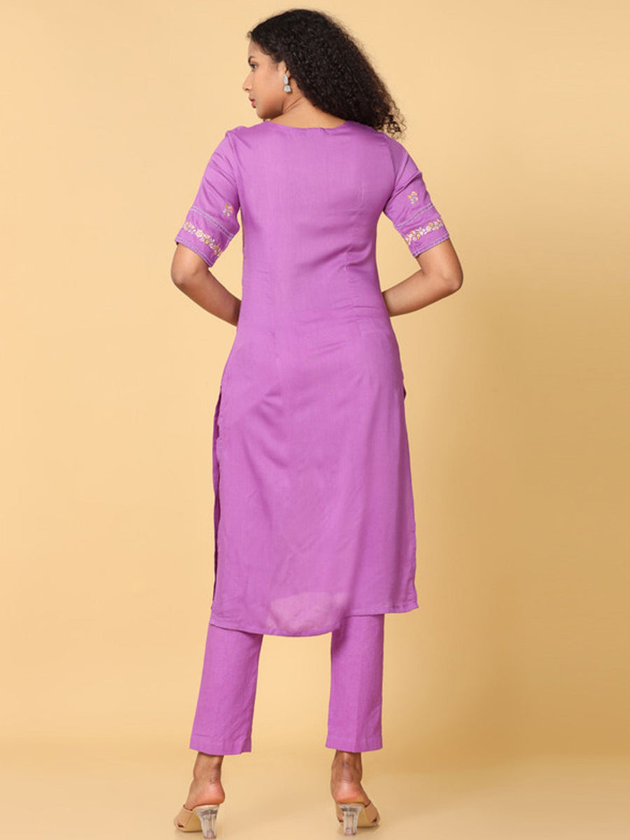 Hassu's Women Purple Elbow Sleeves Rayon Floral Embroidery Regular Calf Length Jewel Neck Kurta Set -Without Dupatta