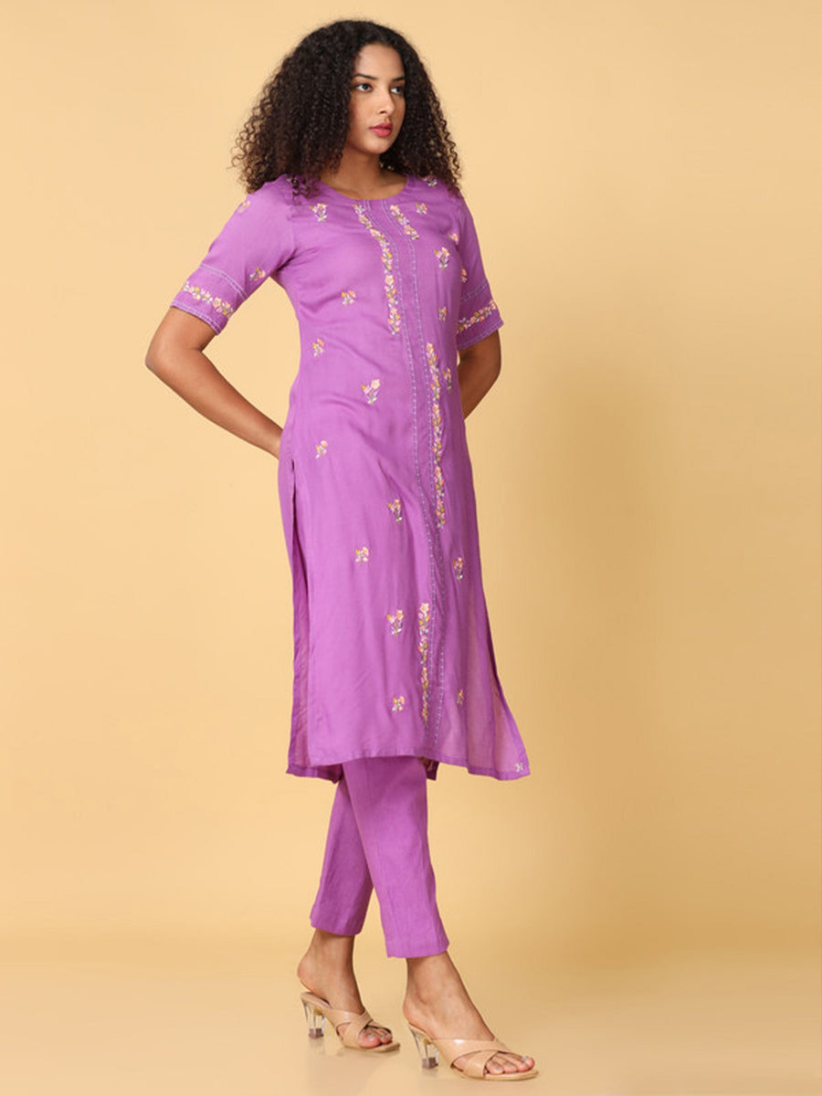 Hassu's Women Purple Elbow Sleeves Rayon Floral Embroidery Regular Calf Length Jewel Neck Kurta Set -Without Dupatta