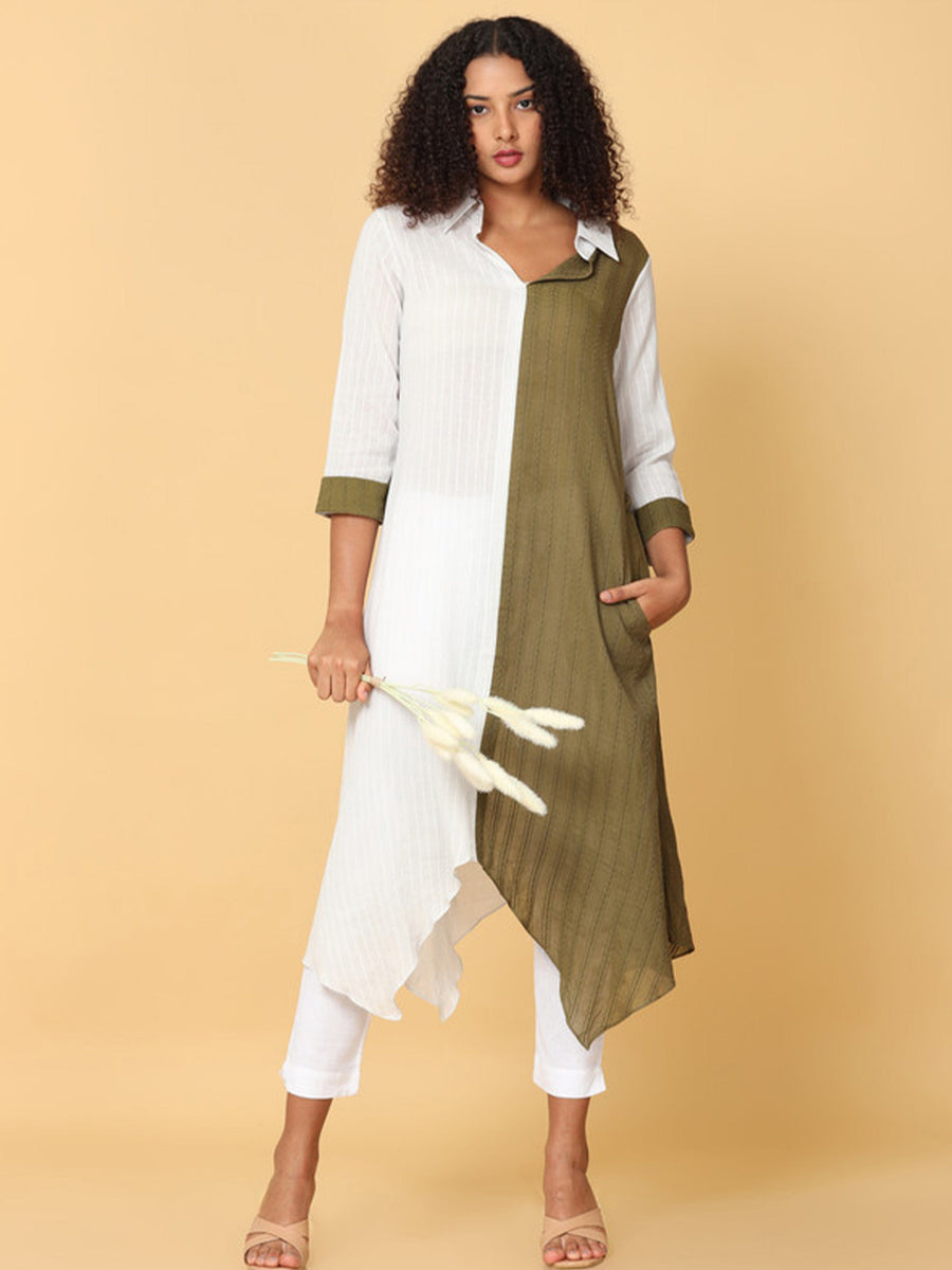 Hassu's Women Army Green 3/4Th Sleeves Cotton  Striped Asymmetric Kurthi Calf Length Cutaway Collar Kurta