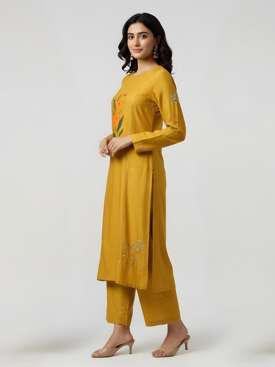 Mustard Yellow Full Sleeves Cotton Silk Gold Thread Work Calf Length Kurta Set - With Dupatta
