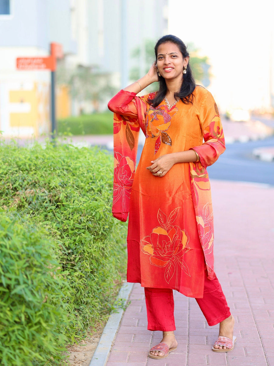 Hot Orange 3/4th Sleeves Tissue Printed V-neck Straight-cut Kurta Set - With Dupatta