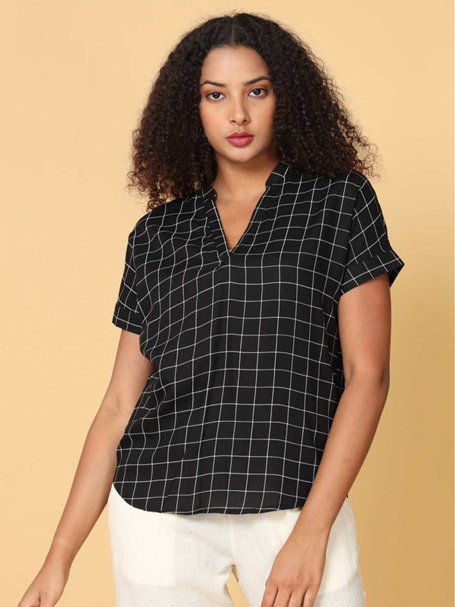 Women Black Short Sleeves Rayon Checks Western Short Length Mandarin Collar Top