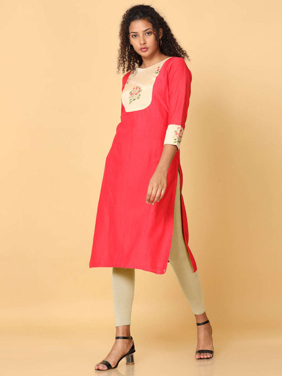 Hassu's Women Red 3/4Th Sleeves Cotton Floral Embroidery Regular Calf Length Boat Neck Kurta