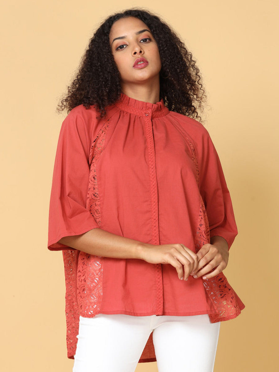 Hassu's Women Red Raglan Sleeves Cotton Solid Bohemian Short Length Ruffle Collar Shirt