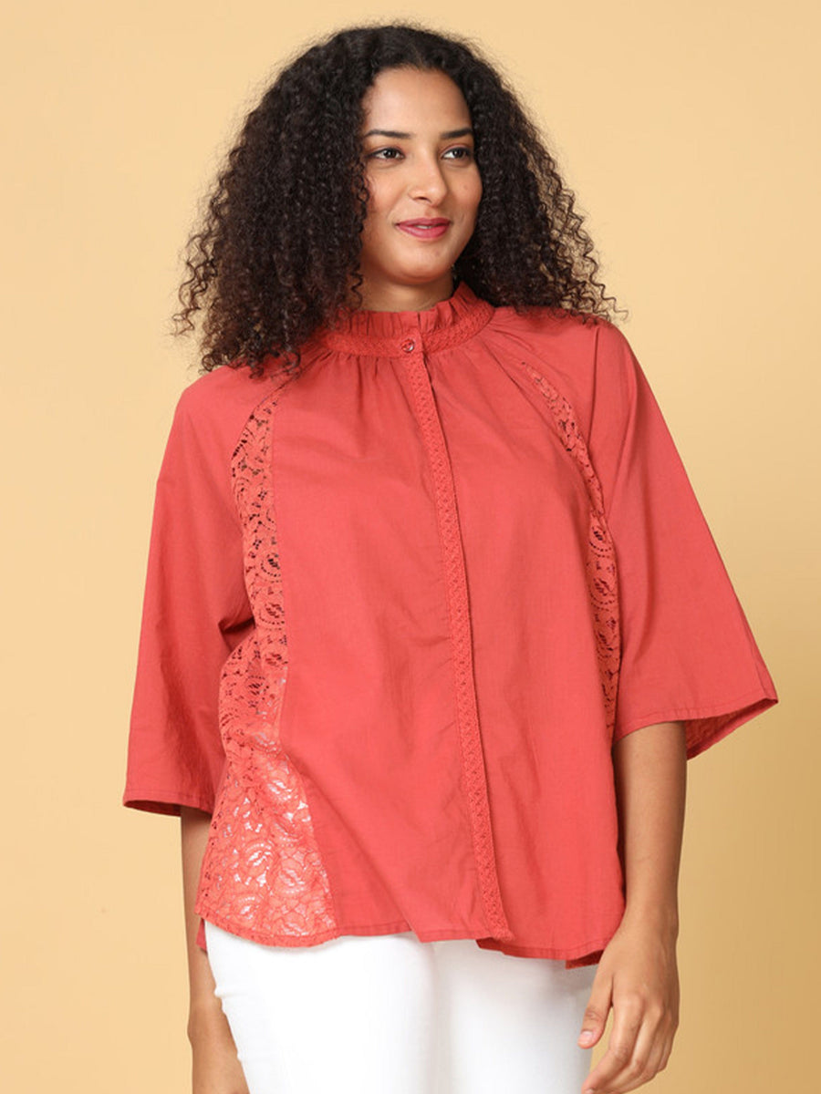 Hassu's Women Red Raglan Sleeves Cotton Solid Bohemian Short Length Ruffle Collar Shirt