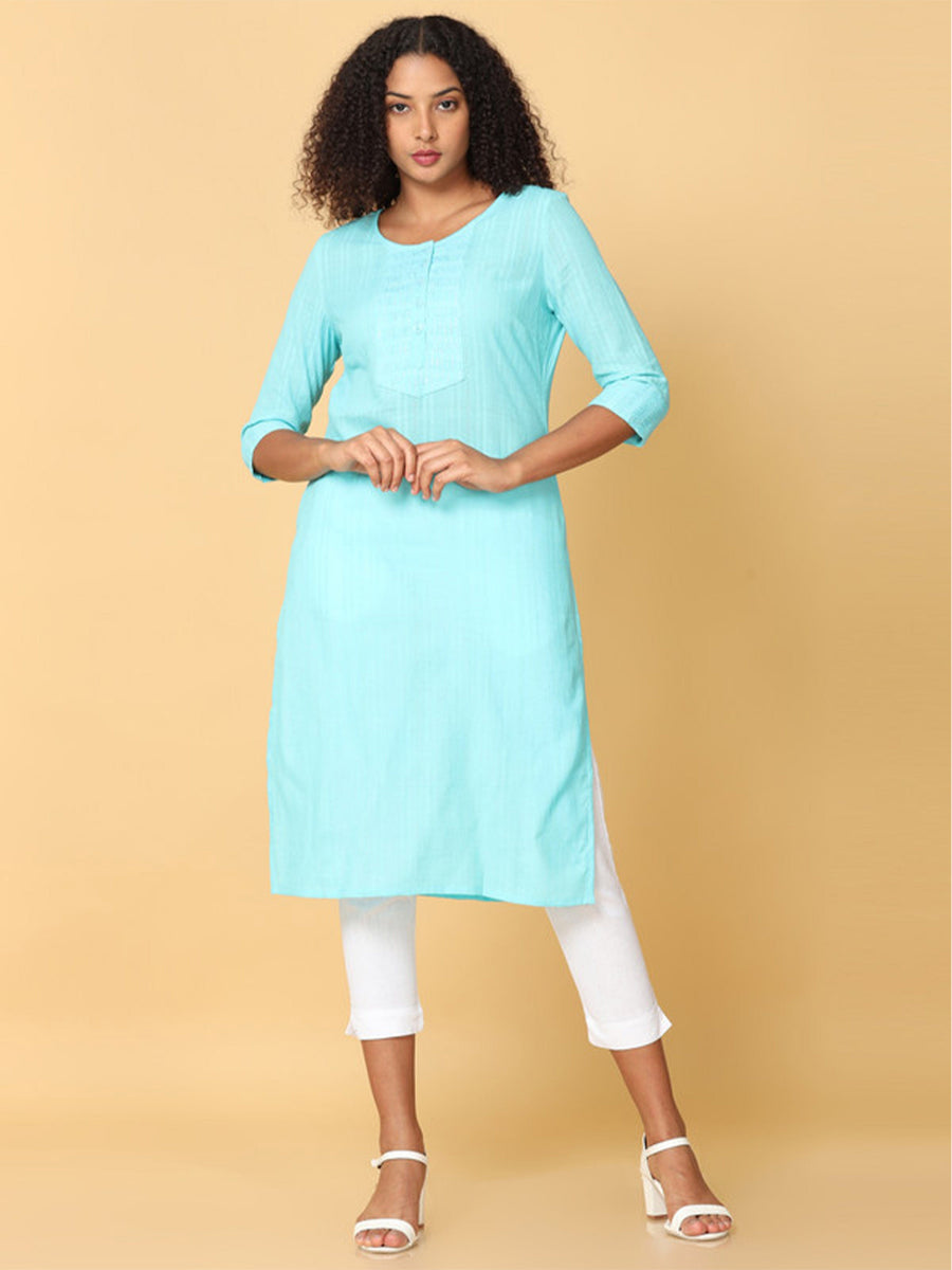 Hassu's Women Sky Blue 3/4Th Sleeves Cotton Striped Regular Knee Length Jewel Neck Kurta