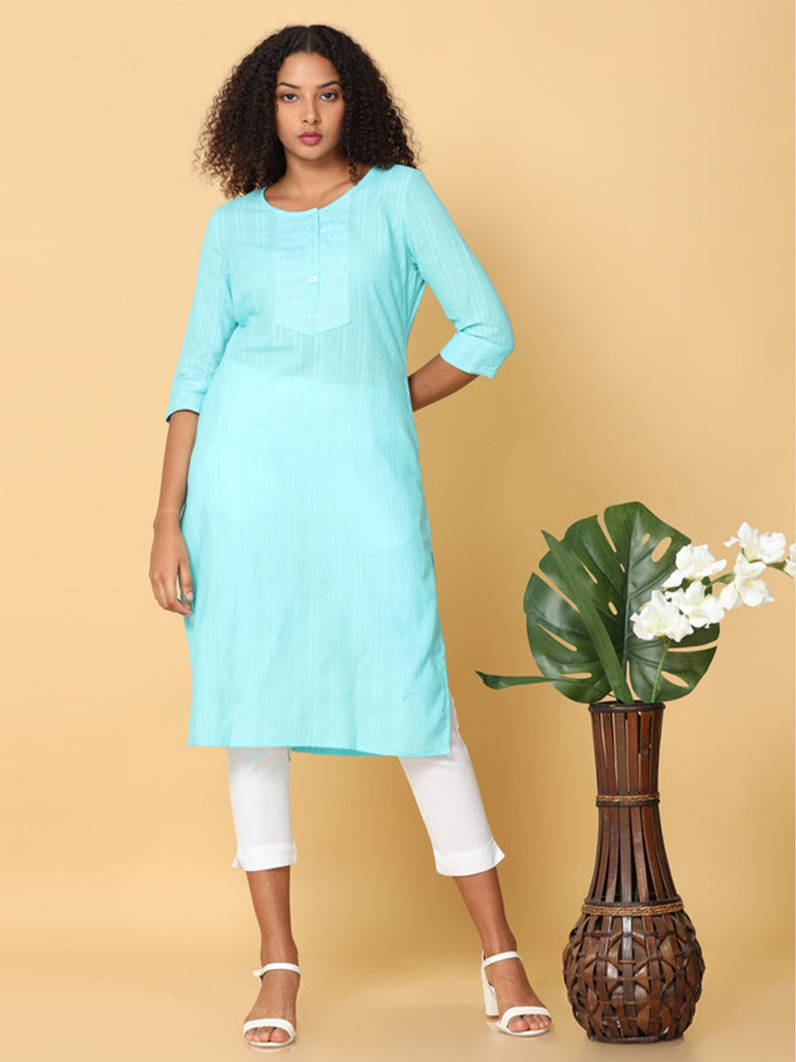 Hassu's Women Sky Blue 3/4Th Sleeves Cotton Striped Regular Knee Length Jewel Neck Kurta