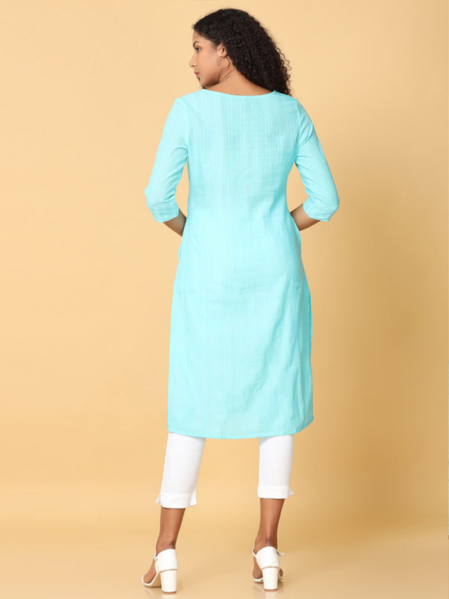 Hassu's Women Sky Blue 3/4Th Sleeves Cotton Striped Regular Knee Length Jewel Neck Kurta