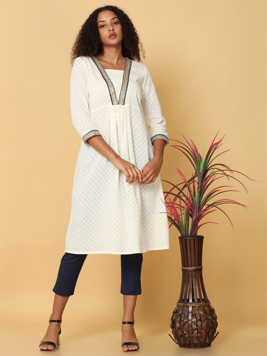 Hassu's Women White 3/4Th Sleeves Cotton Geometric Pleated Calf Length Square Neck Kurta